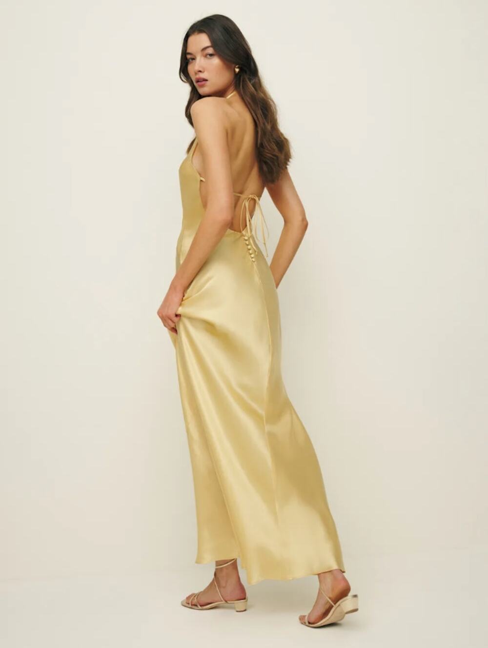 Reformation Jeany Silk Halter Open Back Maxi Dress Sunshine Satin Yellow Size XL